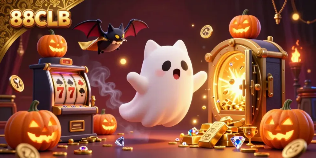 Experience thrilling games at 88CLB with an enchanting ghost cat and vibrant casino elements.