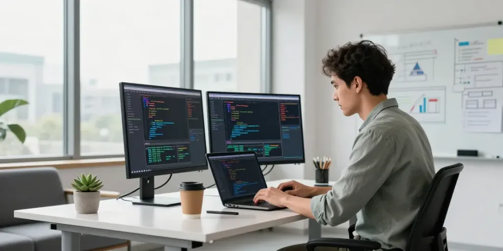 Developer engaged in instant indexing tasks at a modern workspace, showcasing coding setup and vibrant office atmosphere.