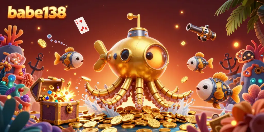 Menangkan jackpot di kasino dengan desain 3D karakter semburan kraken emas dan ikan mekanik di lautan koin.