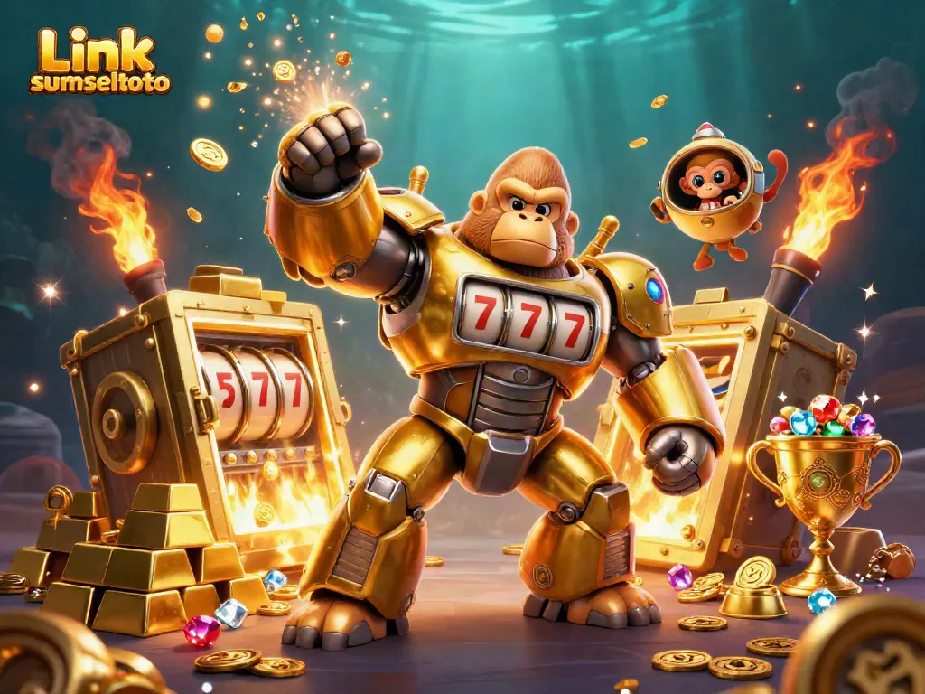 Win big with the Link sumseltoto golden gorilla mech in a dynamic casino treasure scene.