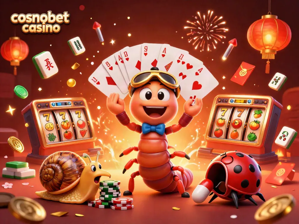 Experience the thrills of cosmobet casino with a lively 3D illustration showcasing diverse game elements and characters.