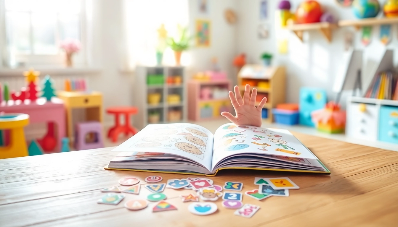 Child reaches for a sticker from a vibrant reusable sticker book on a bright wooden table.