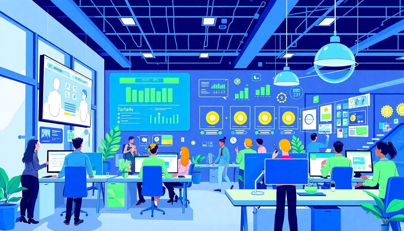 Employees actively engaging in business gamification strategies in a modern office setting.