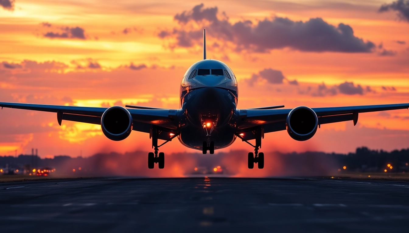 An airplane performing an emergency landing on a runway at sunset, showcasing urgency and safety.