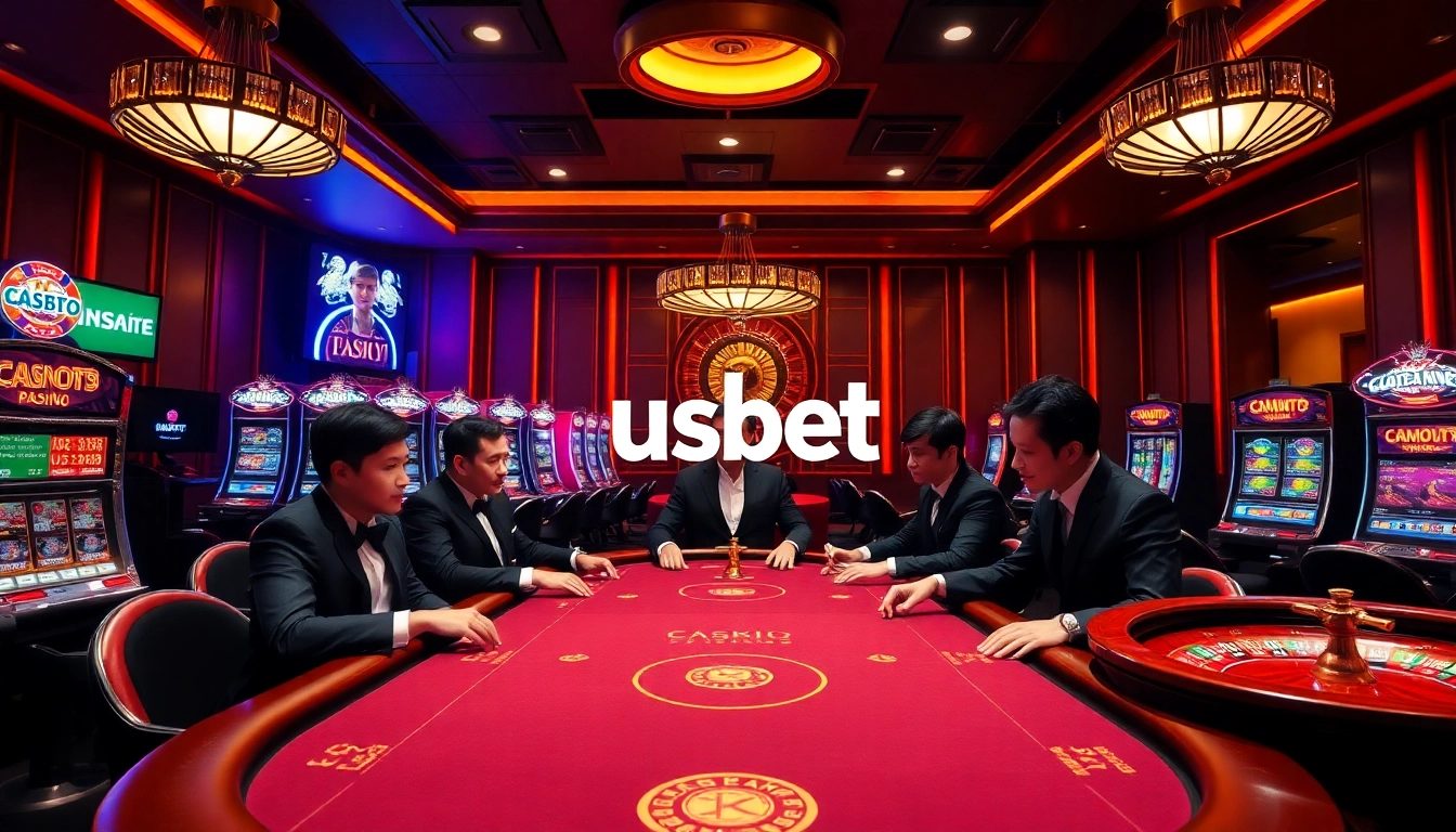 Experience excitement at nhà cái usbet with vibrant casino visuals featuring players at a dynamic poker table.