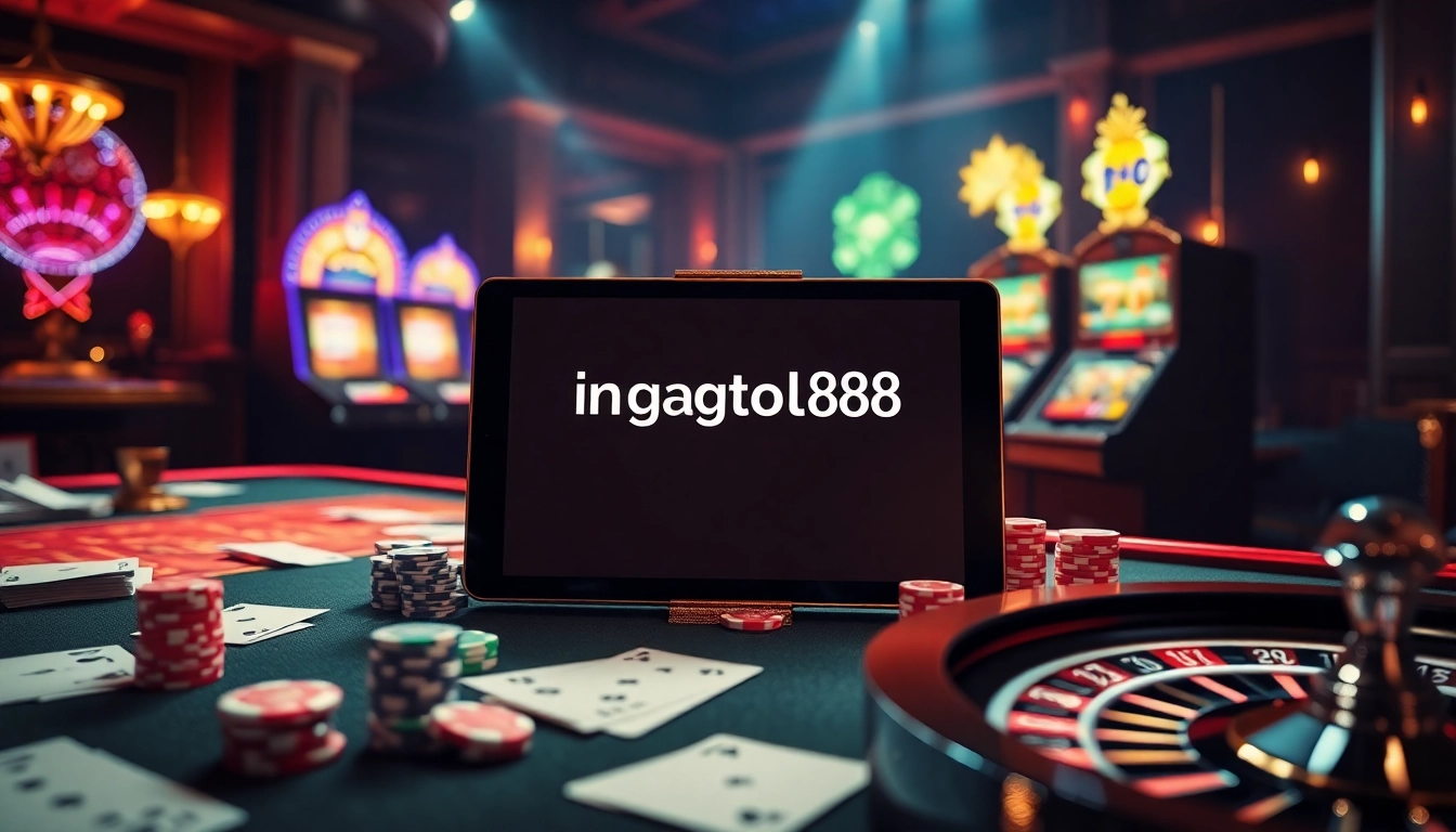 Experience ingatbola88's exciting games with vibrant casino visuals and professional gaming setups.