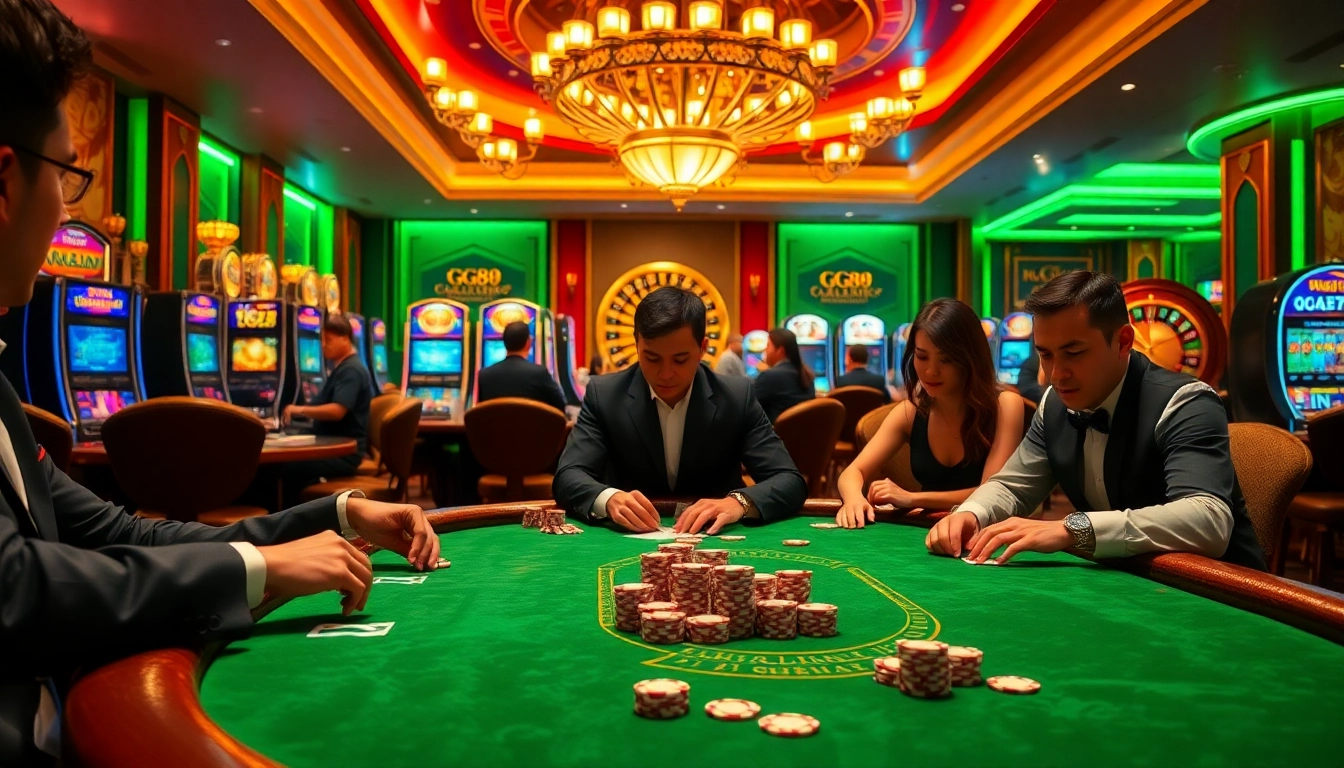GG88 poker players engaging intensely at a luxurious gaming table in a vibrant casino setting.