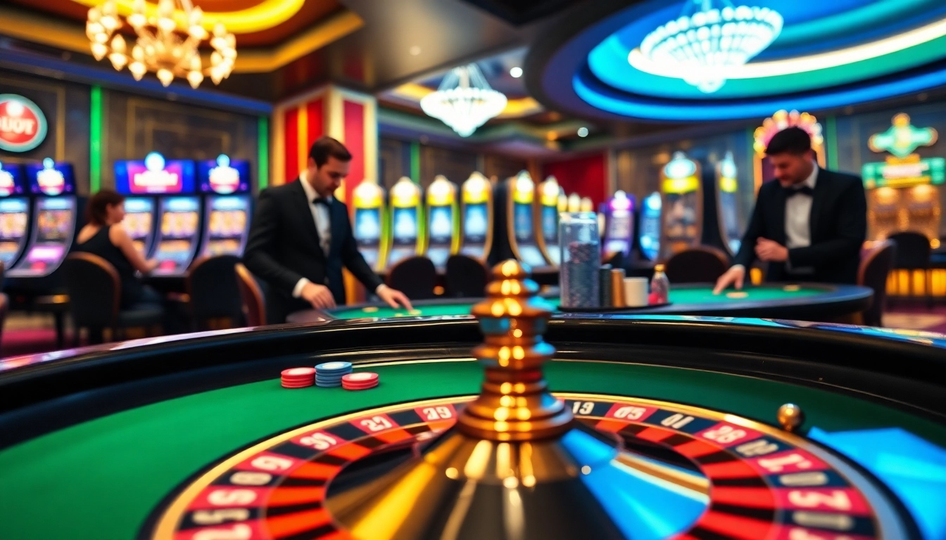 Experience the thrill of gambling at Nhà cái F8BET with luxury casino tables and vibrant poker chips.