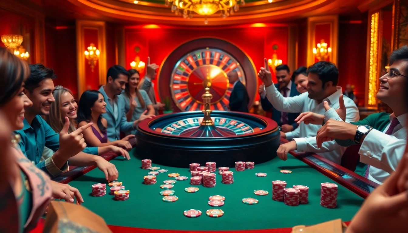 Players enjoying a thrilling poker game at go8 com casino, showcasing vibrant chips and cards.