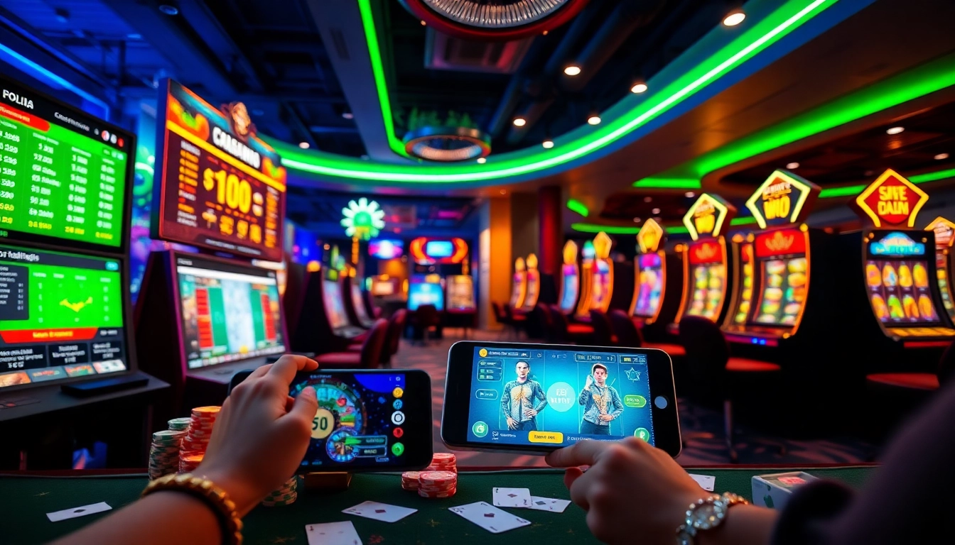 Experience the excitement of online gaming at http://hm88.blue/, featuring vibrant casino decor and digital interfaces.