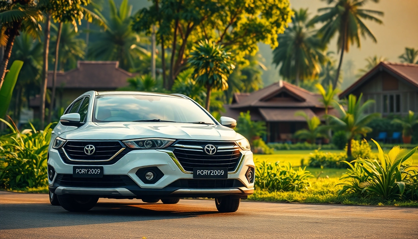 Car rental in Kuching Sarawak featuring a modern vehicle in a tropical landscape.