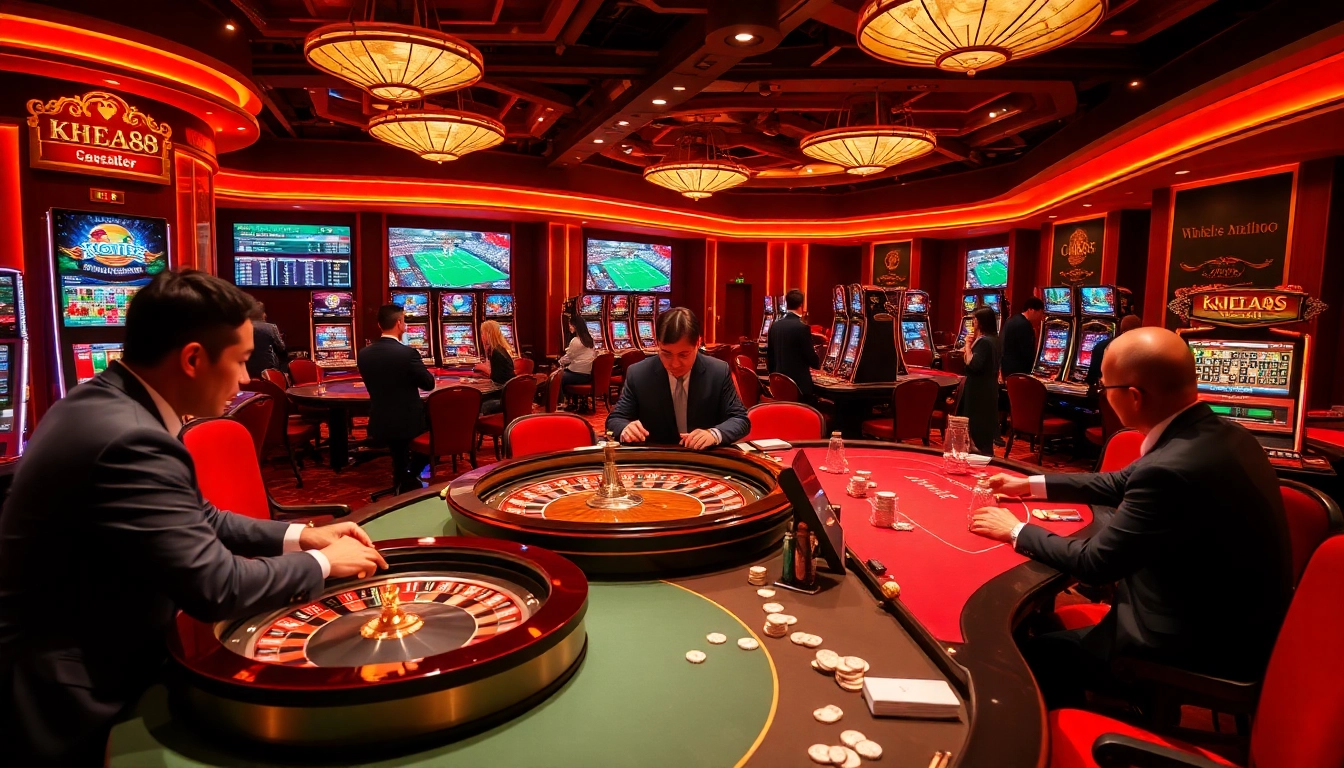 Khela88 players enjoying exciting casino games and sports betting in a vibrant casino setting.