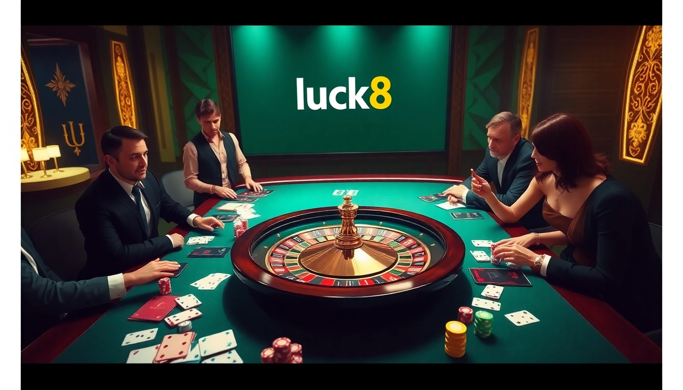Experience the thrill of luck8 at a luxurious casino table filled with cards and dice.