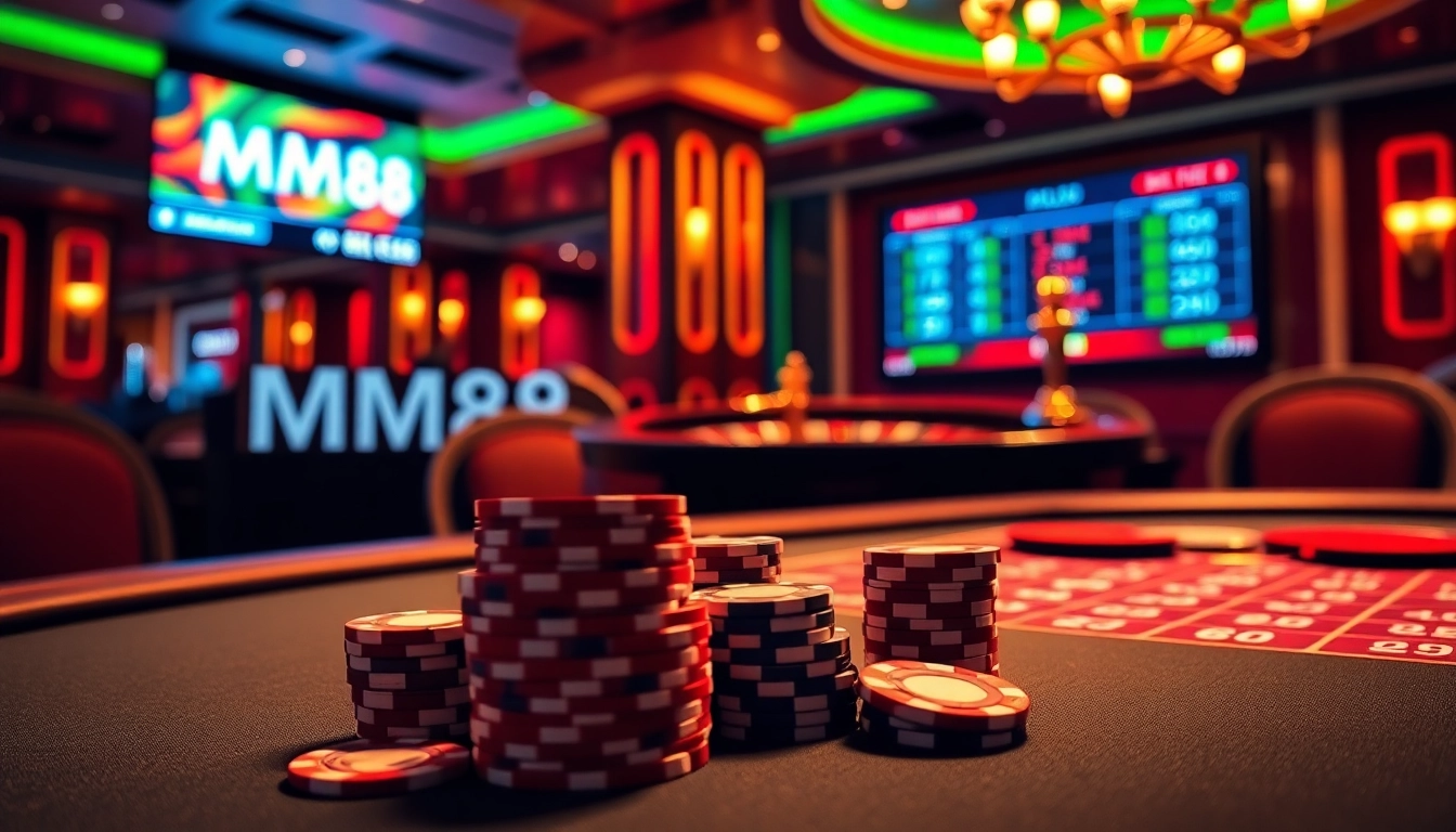 MM88 casino scene featuring vibrant poker chips and a spinning roulette wheel, showcasing online gambling excitement.