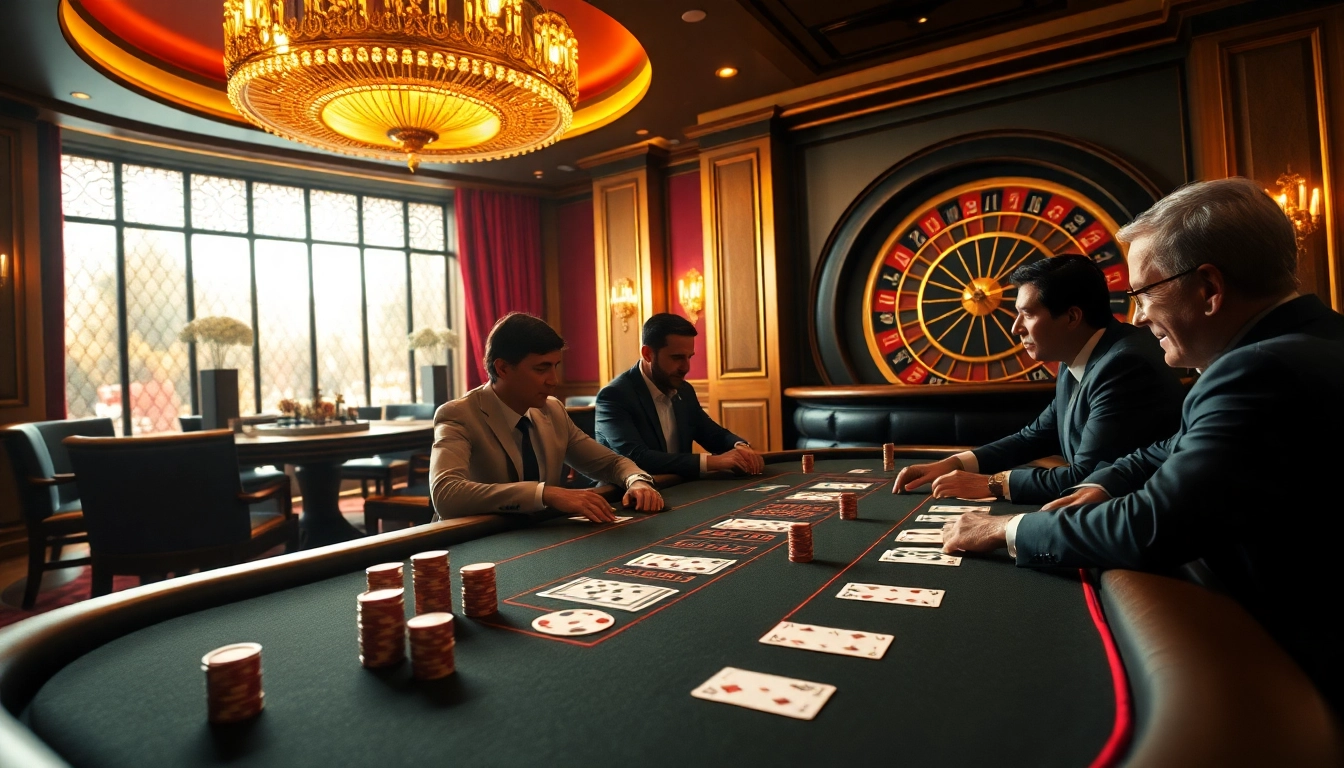 F168 players engaging in a high-stakes poker game at a luxurious casino table.