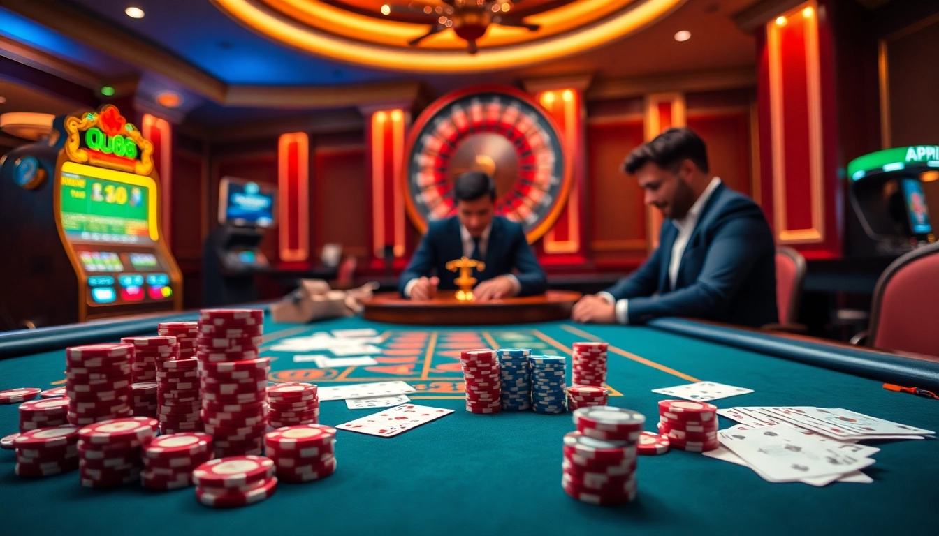 UU88 casino table scene showcasing vibrant poker chips, cards, and roulette excitement.
