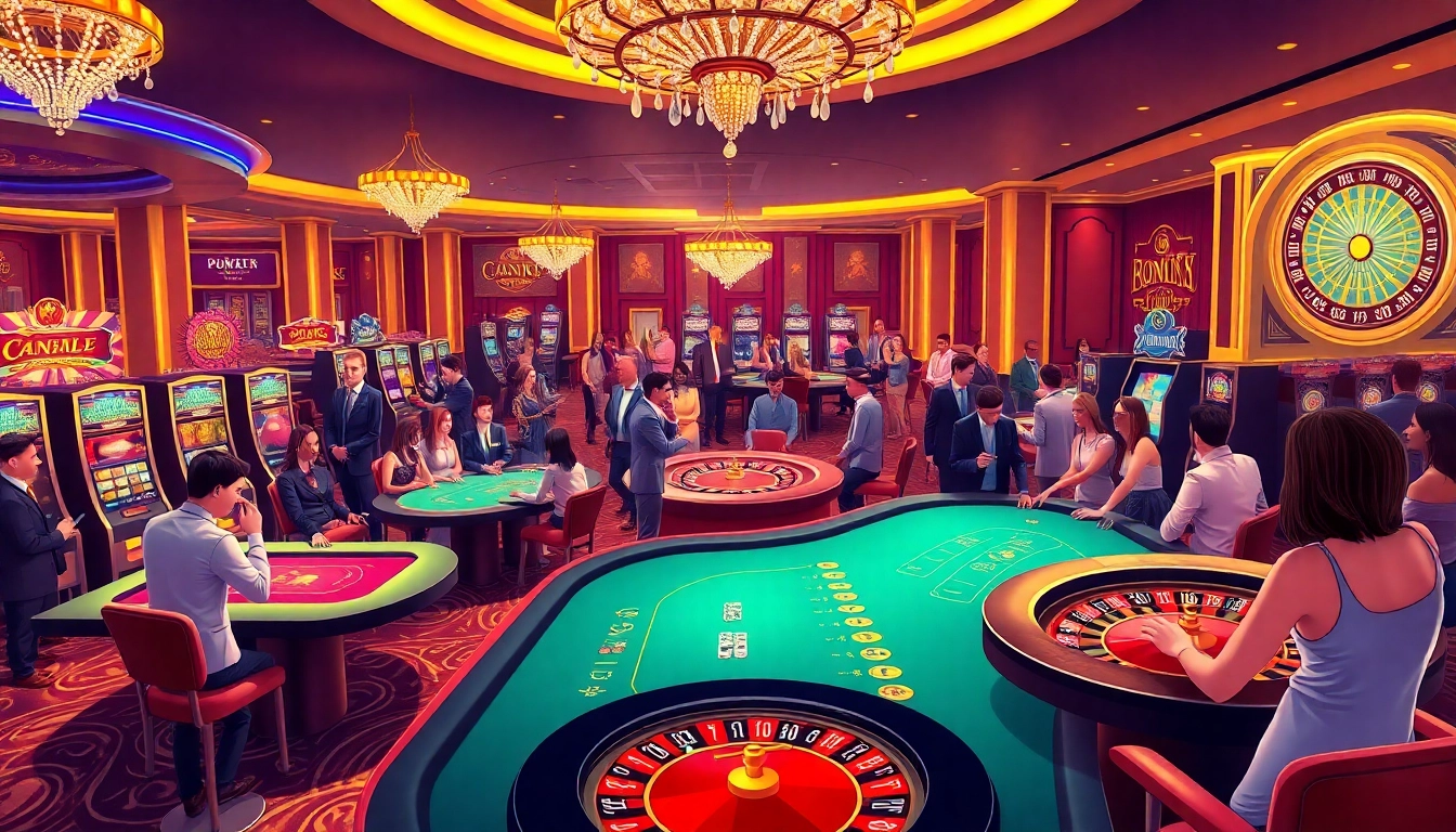 Engaging casino action at https://78winbiz.com/ featuring poker tables, slot machines, and vibrant players.