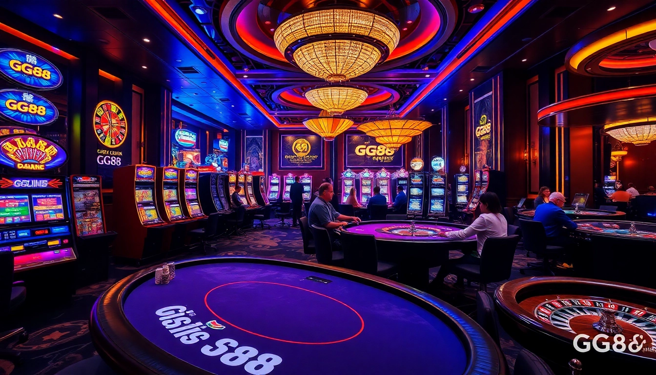 Players enjoying high-stakes games at GG88 casino with vibrant tables and luxurious decor.