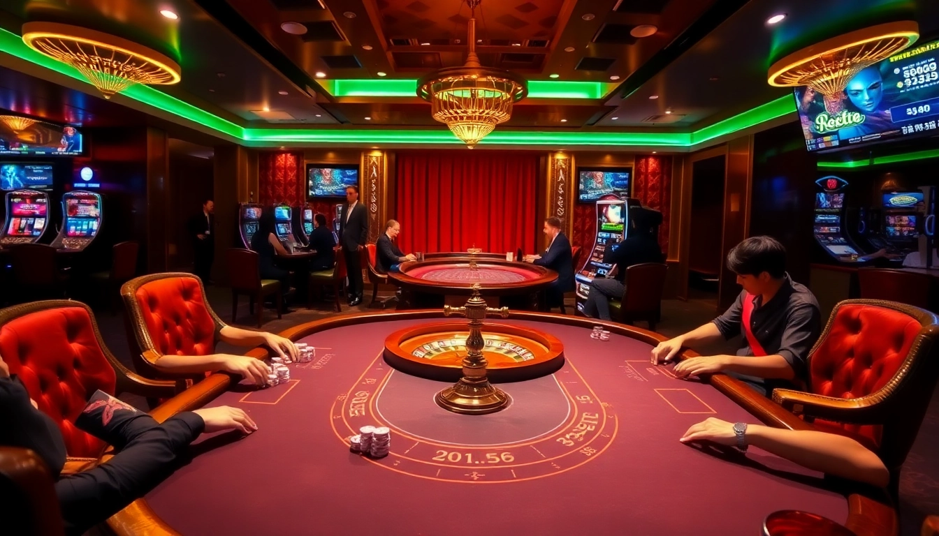 Exciting online gambling scene at 99OK.COM with vibrant gaming tables and players betting.