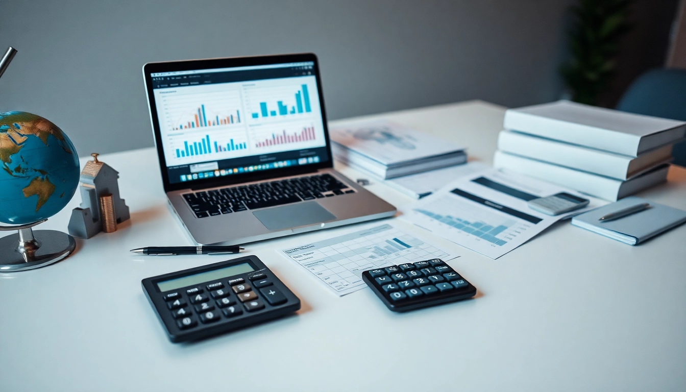 Księgowość dla firmy transportowej w profesjonalnym miejscu pracy księgowego, z dokumentami finansowymi i laptopem.