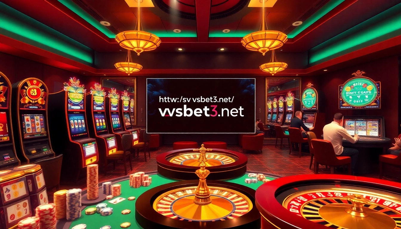 Create an exciting online casino scene reflecting the vibrant atmosphere of https://vsbet3.net/ with poker tables and slot machines.