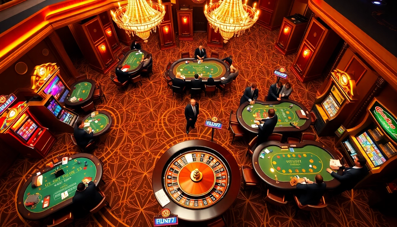 Players enjoying games at a luxurious fun79 casino with vibrant slots and poker tables.