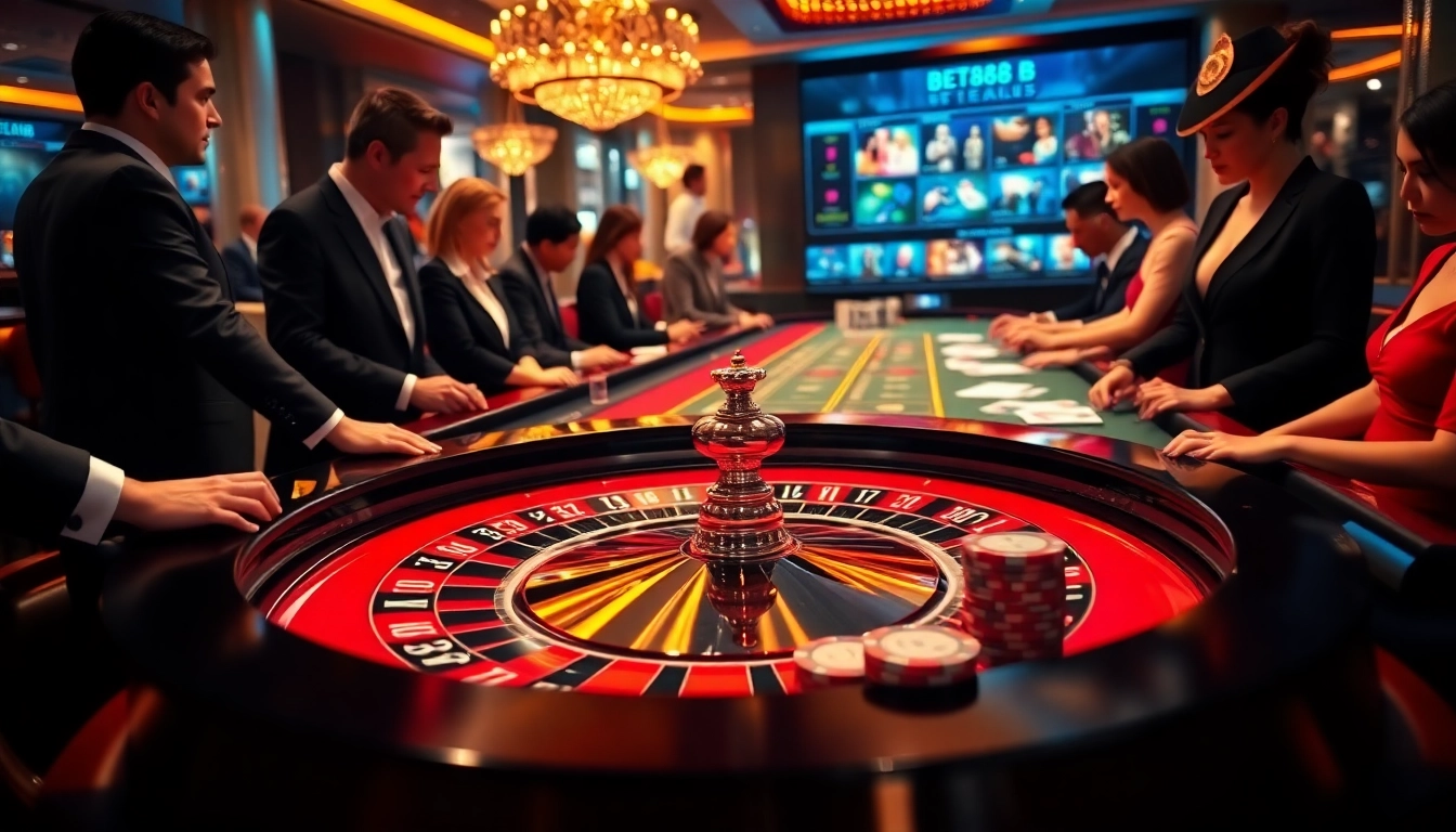 A high-stakes casino scene with roulette and blackjack tables showcasing excitement at https://bet88b.us.com/.