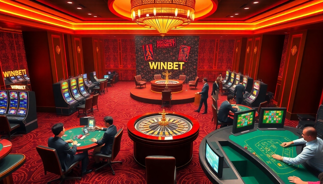 WINBET casino atmosphere with vibrant tables, engaged players, and luxurious decor.