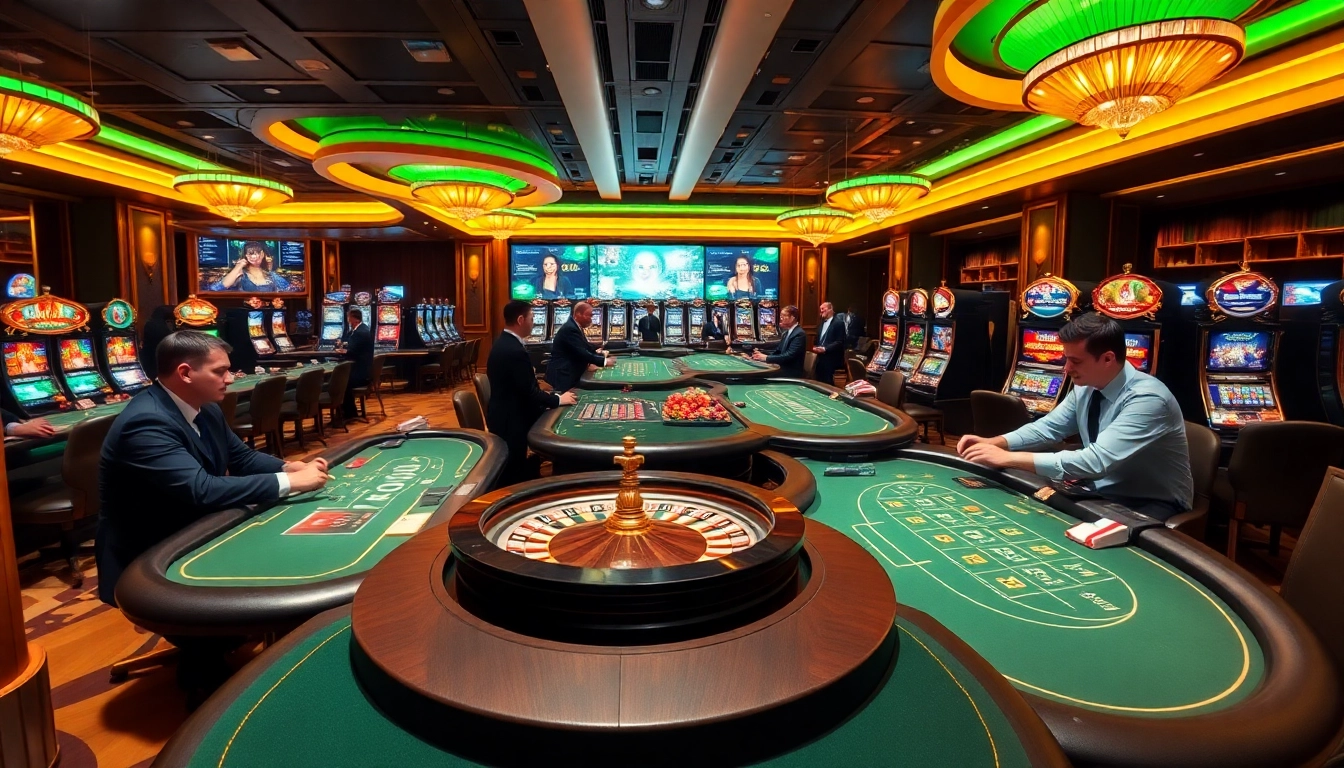 Engage in thrilling gameplay at OK365 with a luxurious casino atmosphere featuring tables and slot machines.