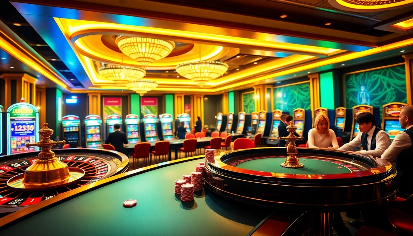 Experience the excitement of Jun888 with a vibrant casino scene featuring roulette and blackjack games.