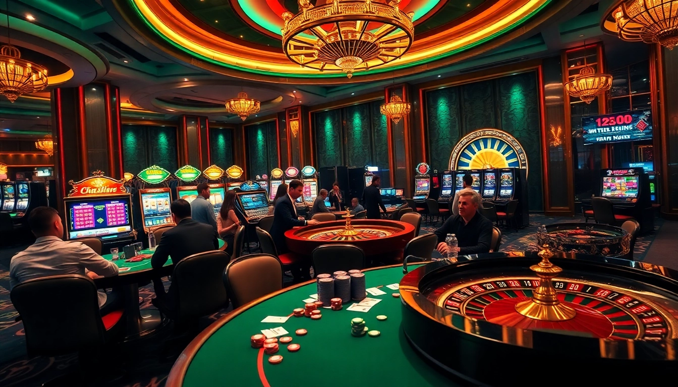 Players engaging in exciting games at MM88 casino, showcasing vibrant slot machines and a roulette wheel.