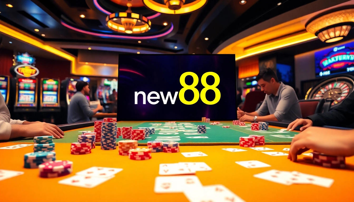 Players engaging at the new88 casino table with colorful chips and cards, showcasing excitement and luxury.