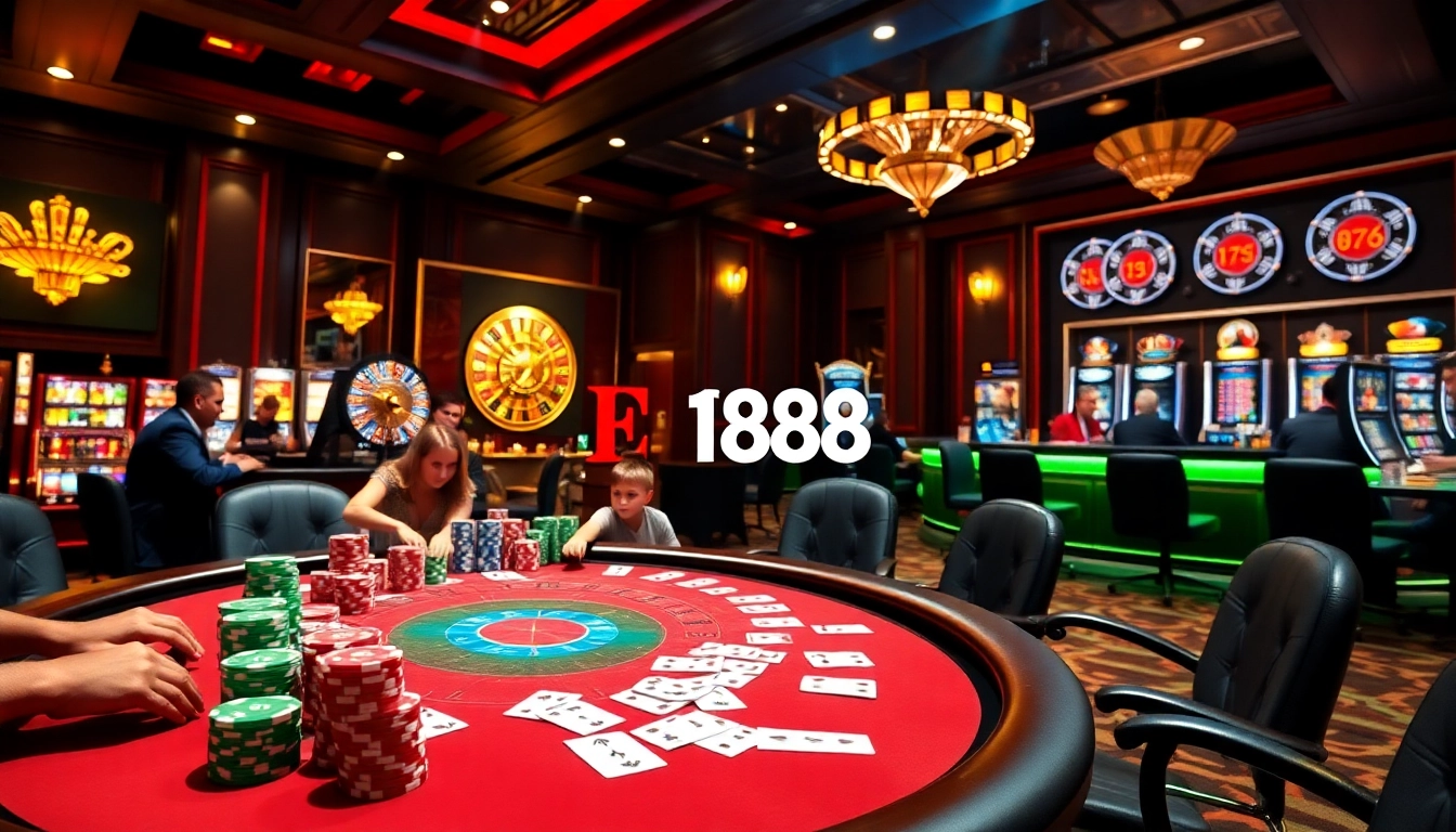 Players placing bets at F168's luxury poker table amid vibrant casino action.