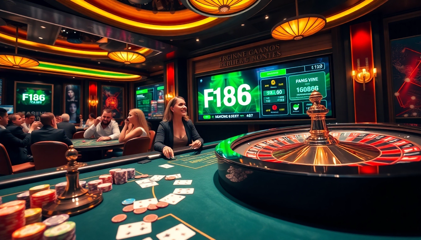 Exciting gambling scene at F168 with vibrant tables, chips, and players engaged in casino games.