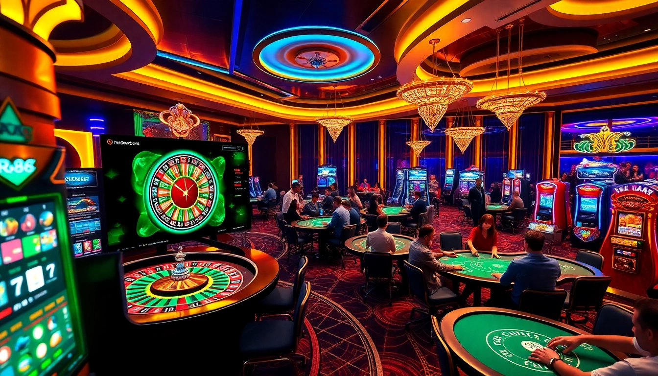 Engaging players enjoying the luxurious gambling experience at https://rr88.lat/ featuring vibrant casino elements like roulette and slot machines.
