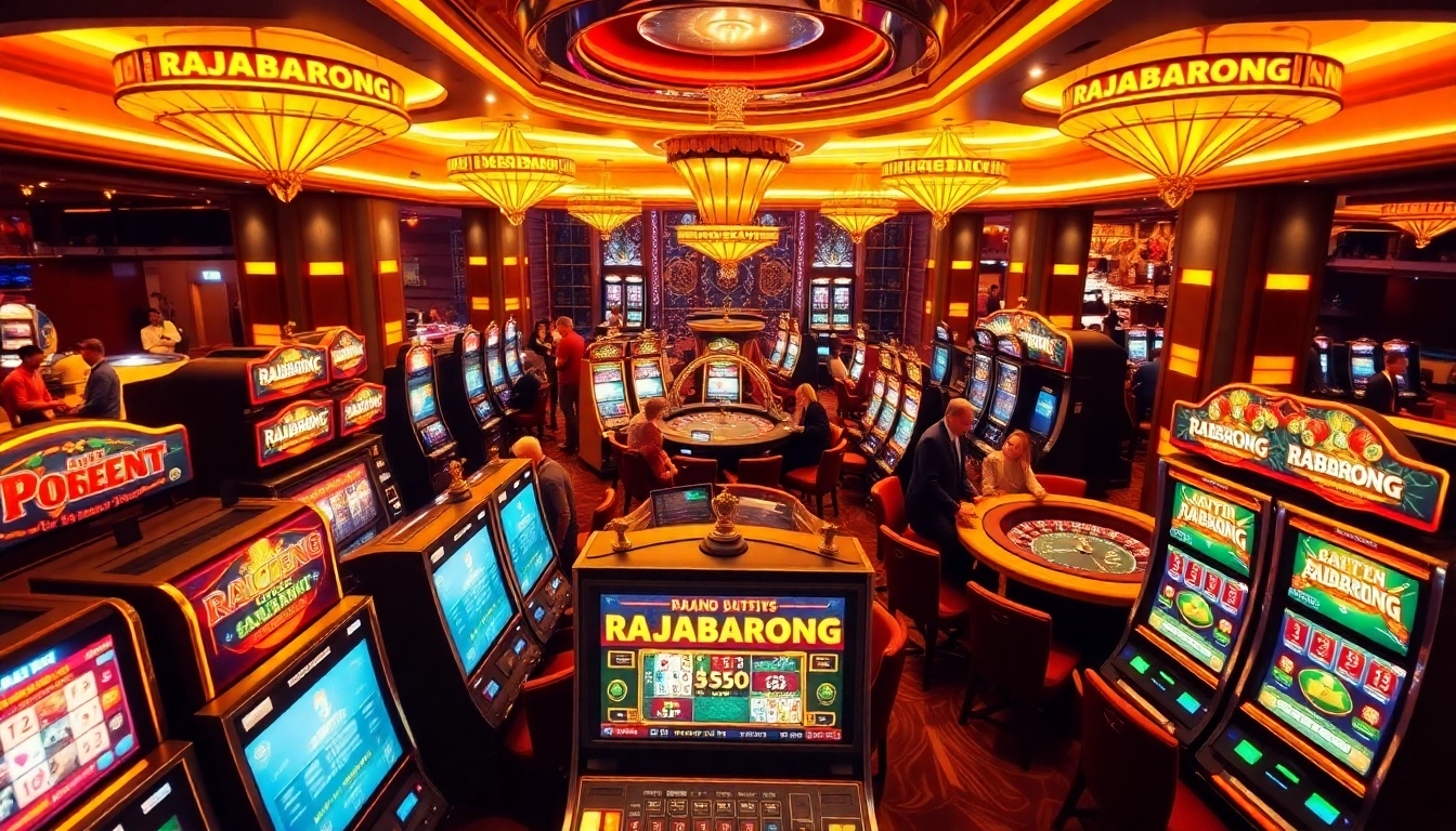 RAJABARONG showcases players enjoying thrilling slot games, illuminated by vibrant casino lights.