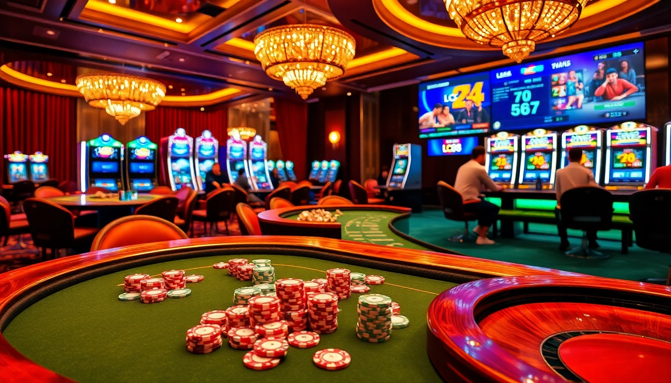 Experience the thrill of Lc88 with vibrant casino games, poker chips, and engaging gambling action.