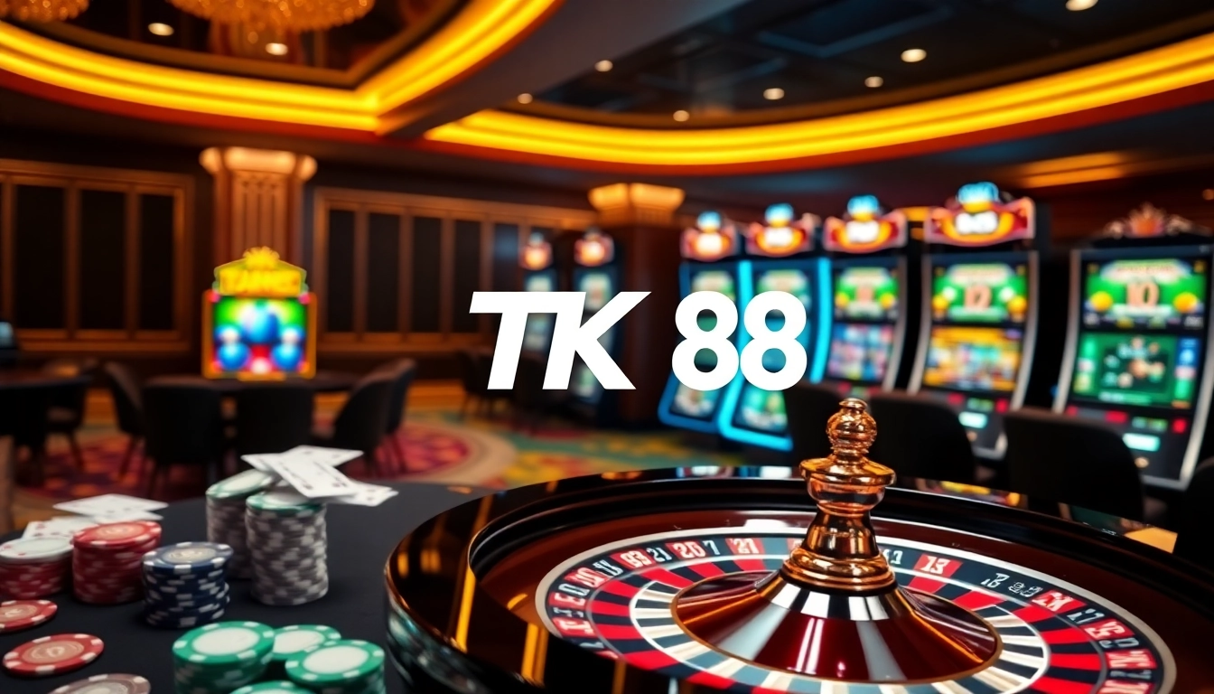 Experience the thrill of gaming at tk88 with a luxurious casino atmosphere featuring roulette and poker elements.