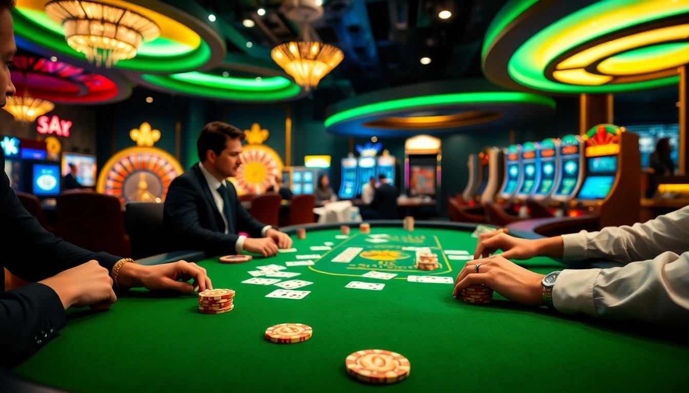 Players enjoy an intense poker game at Jun88 casino, showcasing vibrant chips and cards.