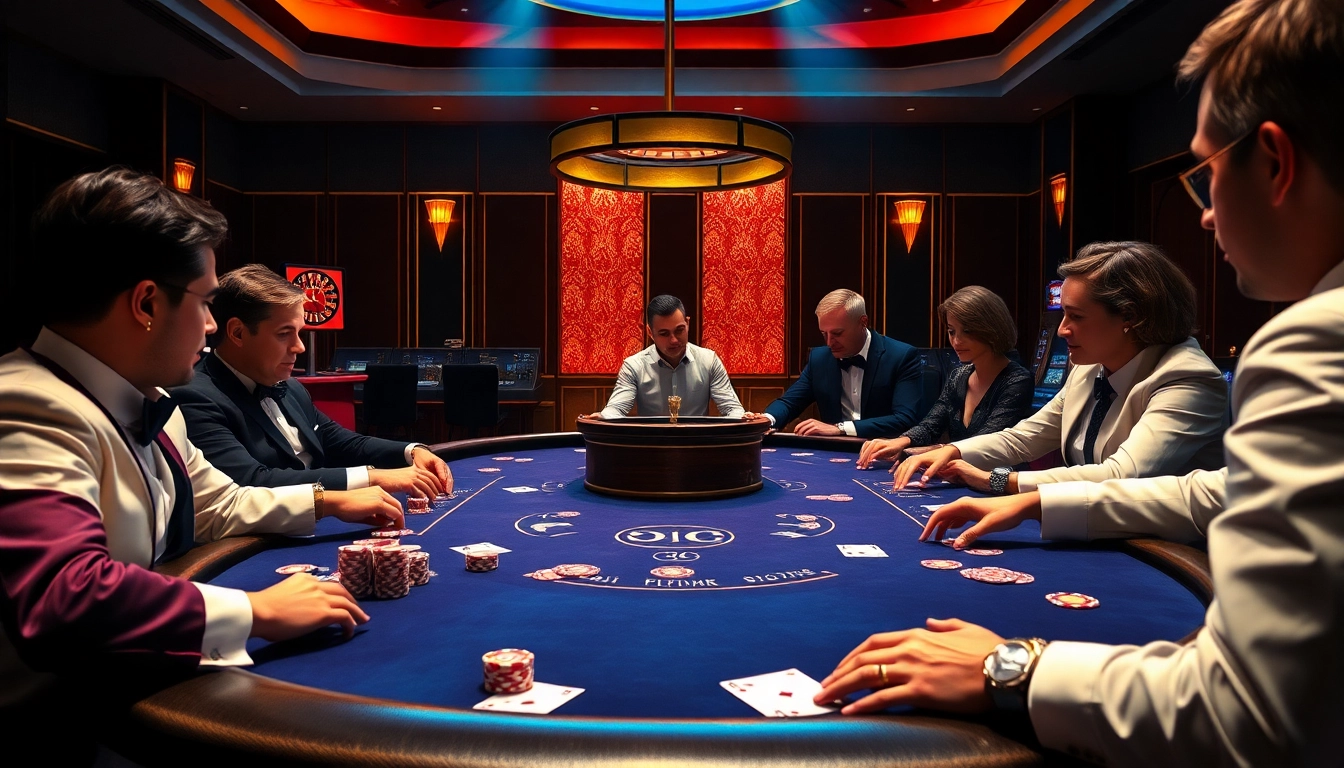 Thrilling poker game at thabet casino, showcasing vivid chips and cards in a luxurious setting.