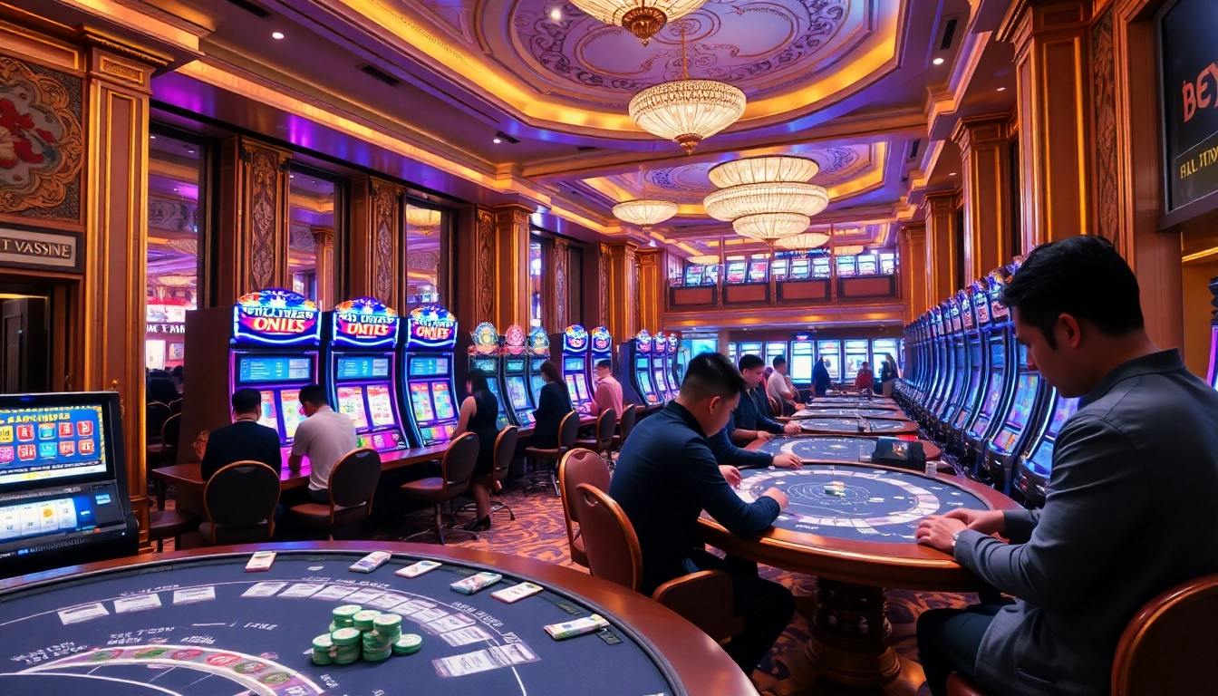 Exciting scene of players engaging with xổ số 8kbet in a luxurious casino environment.