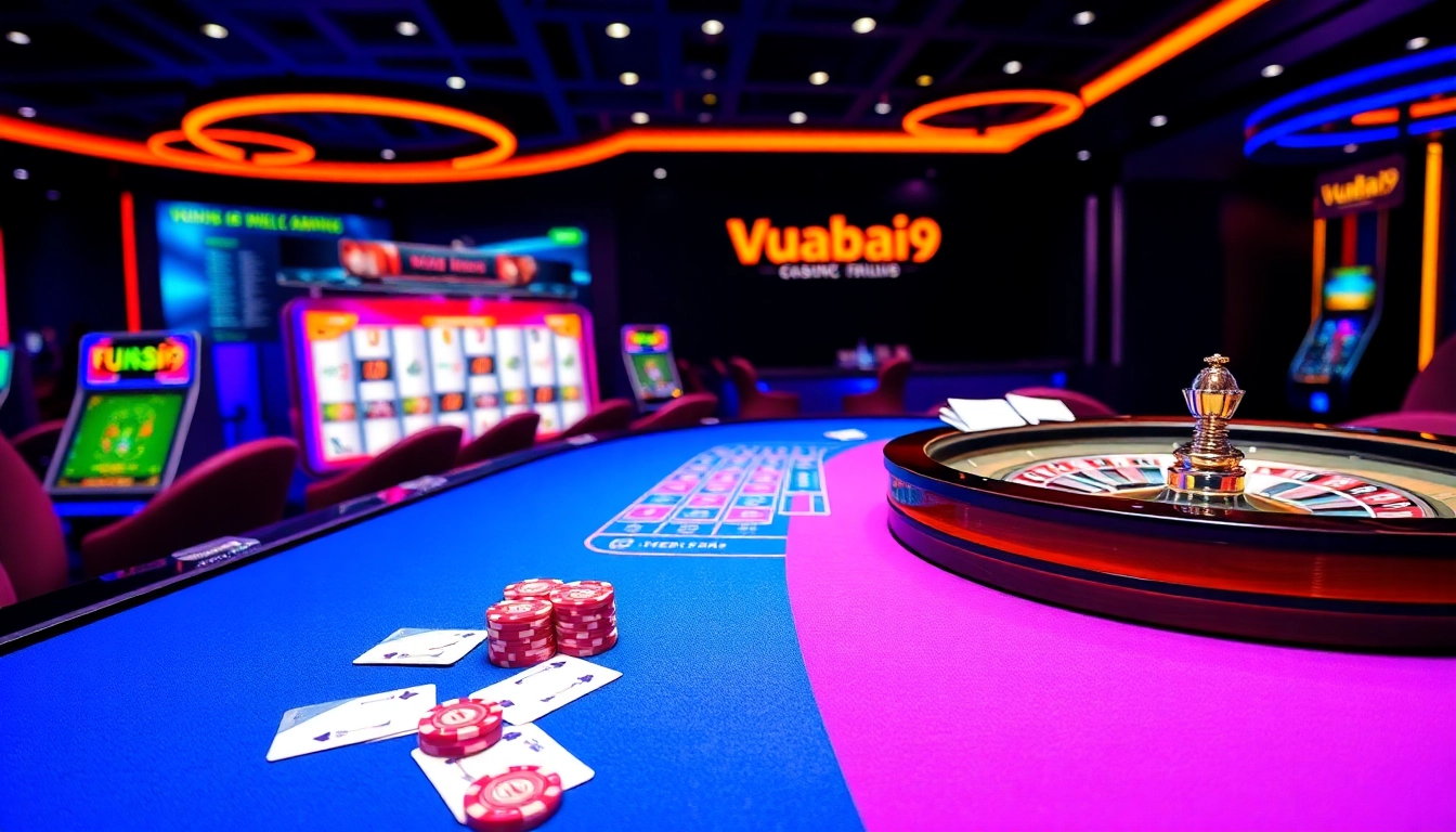 Experience luxury gaming at Vuabai9 with vibrant tables and various gambling elements.