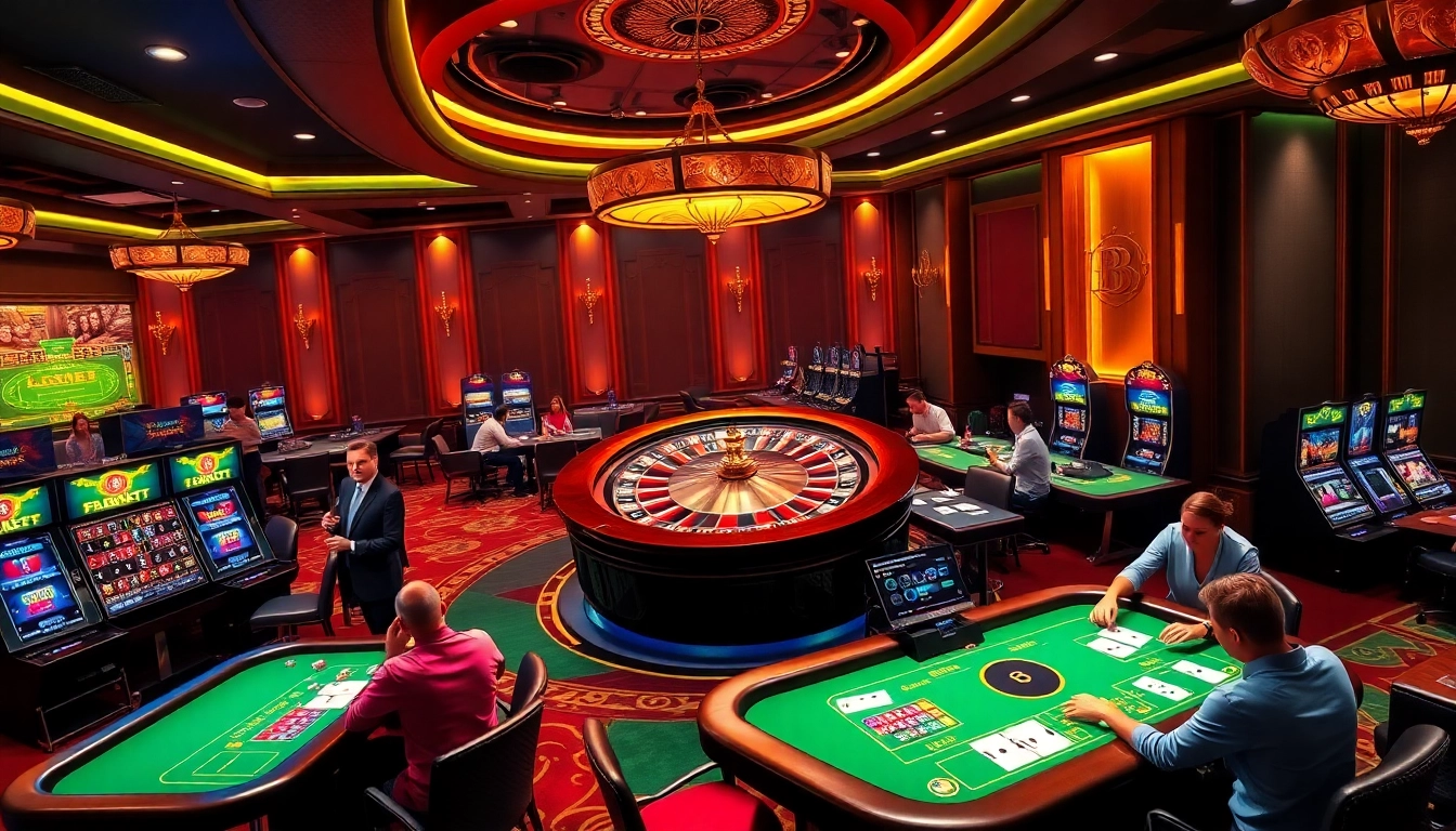 Experience the excitement of Lc88 Casino with vibrant gambling visuals including roulette wheels and slot machines.