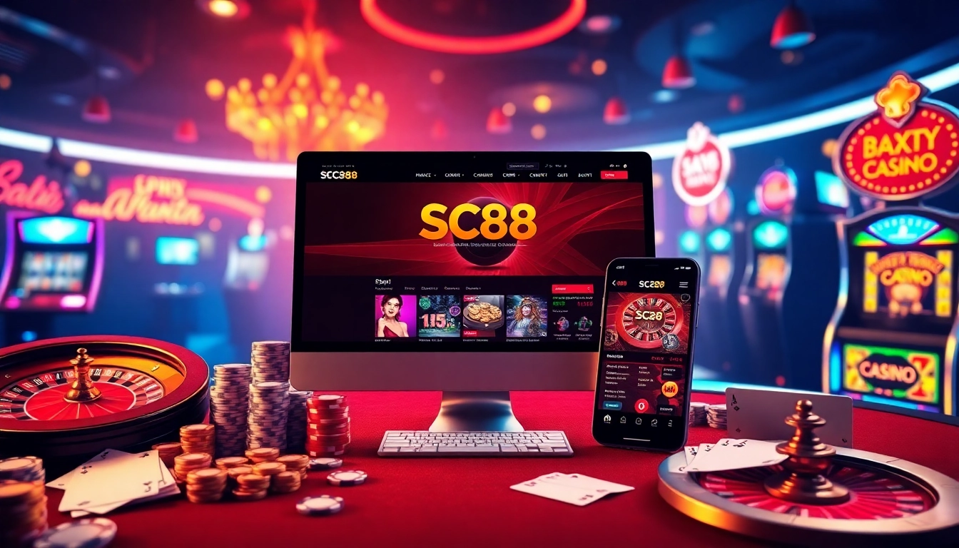 Engaging scene of Nhà cái SC88 showcasing online gambling with elegant casino elements.