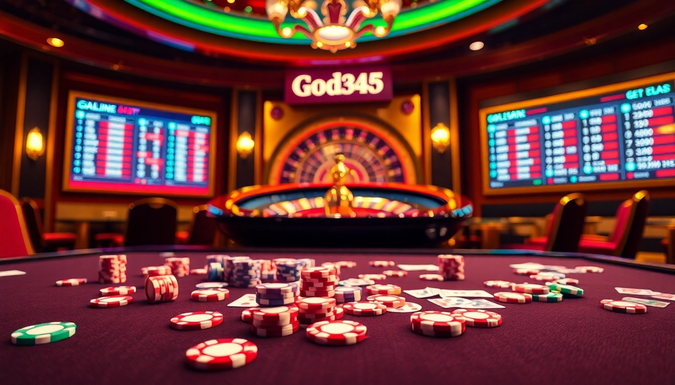 Experience the thrilling atmosphere of God345 casino with a vibrant scene of poker and roulette.