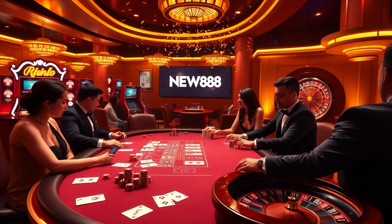 Experience thrilling gameplay at NEW88 casino with poker chips and vibrant slot machines.
