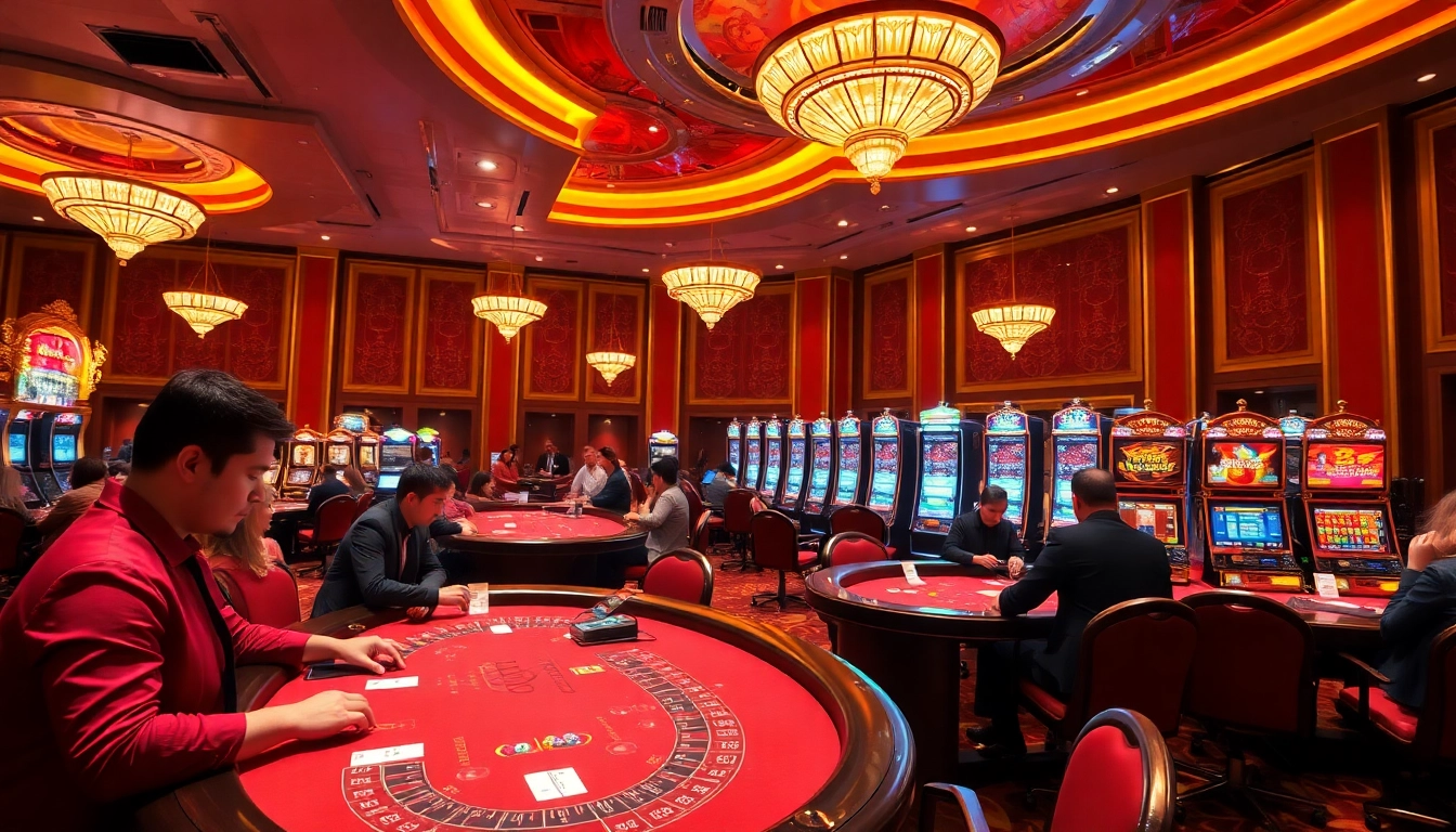 KJC's vibrant casino gaming hall with excited players at roulette and blackjack tables sparking high stakes.