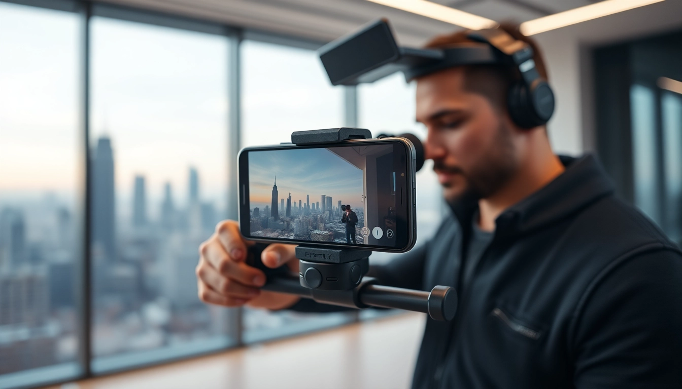 Professional videographer using a phone gimbal for stable video shots.