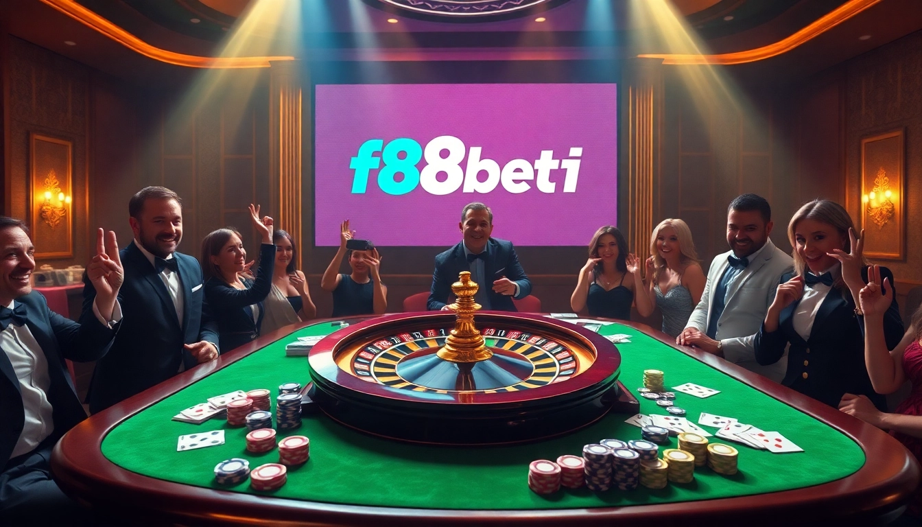 Exciting casino action at F8BET with spinning roulette and vibrant poker chips.