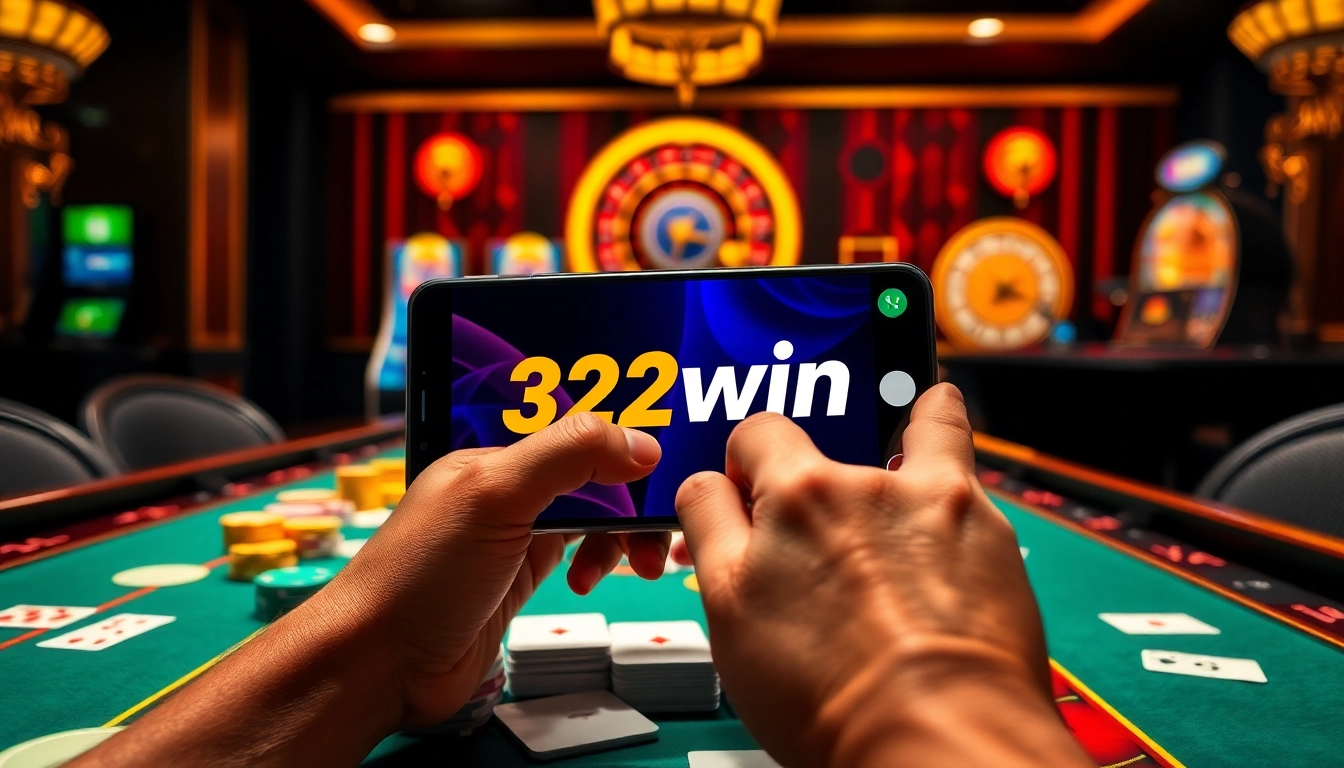 Engaging with the app 32win while surrounded by an exciting casino atmosphere with poker and roulette tables.
